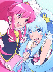 Rule 34 | 10s, 2girls, aino megumi, blue eyes, blue hair, blush, bow, brooch, crown, cure lovely, cure princess, happinesscharge precure!, heart, heart brooch, long hair, magical girl, multiple girls, naruko (nalcoro), open mouth, pink bow, pink eyes, pink hair, precure, shirayuki hime, skirt, twintails, wide ponytail