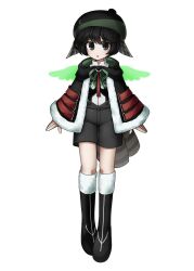 Rule 34 | 1boy, bird tail, black capelet, black eyes, black footwear, black hair, black hat, boots, capelet, chinese commentary, commentary request, eye of senri, full body, fur-trimmed boots, fur-trimmed capelet, fur trim, green ribbon, green wings, grey shorts, hat, highres, indie virtual youtuber, long sleeves, male focus, neck ribbon, open mouth, ribbon, shirt, short hair, shorts, simple background, solo, tabinoki kanae, tabinoki kanae (2nd costume), tachi-e, tail, triangle mouth, variant set, virtual youtuber, websci 3357, white background, white shirt, wings