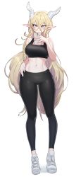 Rule 34 | 1girl, black leggings, black shirt, black theme, blonde hair, blouse, blush, braid, breasts, commentary, contemporary, crossed bangs, dot nose, flipped hair, full body, hair over face, hair over shoulder, hand on own hip, hand up, heel up, highres, holding, holding phone, horns, large breasts, leggings, long bangs, long braid, long hair, midriff, nail polish, navel, oh (aung ae), original, phone, pink nails, pointy ears, purple eyes, raised eyebrows, shiny clothes, shiny legwear, shirt, shoelaces, shoes, sidelocks, simple background, single braid, sleeveless, smile, sneakers, solo, sports bra, standing, taut clothes, taut shirt, thighs, toned, very long hair, wavy hair, white background, white footwear
