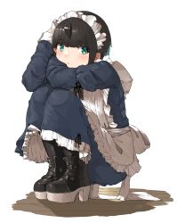 Rule 34 | 1girl, :&lt;, alternate costume, black hair, blush, boots, commentary request, enmaided, green eyes, high heel boots, high heels, highres, long skirt, long sleeves, looking at viewer, maid, maid headdress, original, short hair, signature, simple background, skirt, solo, squatting, white background, yunimaru