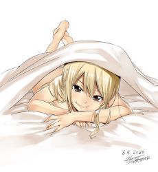 Rule 34 | 1girl, barefoot, bed, bed sheet, blanket, blonde hair, blush, breasts, brown eyes, crossed arms, dated, fairy tail, feet, head rest, large breasts, legs up, long hair, looking at viewer, lucy heartfilia, lying, mashima hiro, naked sheet, nude, on bed, on stomach, smile, solo, under covers