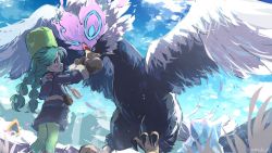 Rule 34 | 1girl, 3others, alabaster icelands, bergmite, bird, blue sky, blush, blush stickers, canteen, cloud, creatures (company), diamond clan outfit, feathered wings, feathers, flying, fur-trimmed gloves, fur hat, fur trim, game freak, gen 3 pokemon, gen 6 pokemon, gloves, green eyes, green hair, green headwear, green leggings, hands on another&#039;s face, hat, hisuian braviary, leggings, mittens, mountain, mountainous horizon, multiple others, nintendo, niwasane (saneatsu03), pokemon, pokemon (creature), pokemon legends: arceus, sabi (pokemon), sky, snorunt, snow, spread wings, talons, temple, twintails, twitter username, water, waterfall, wings