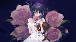 Rule 34 | 1girl, blue hair, crying, dress, feathers, flower, highres, holding, holding flower, looking at viewer, original, paint, palette (object), pink flower, pink rose, purple eyes, rose, shia job, solo, white dress