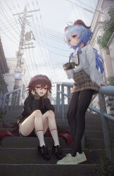 Rule 34 | 2girls, absurdres, ahoge, alternate costume, arrow (symbol), black footwear, black hoodie, black nails, black pantyhose, black shorts, blue hair, brown hair, brown skirt, building, camera, casual, city, closed mouth, commentary request, contemporary, flower-shaped pupils, full body, ganyu (genshin impact), genshin impact, goat horns, gradient hair, hands on own face, highres, holding, holding camera, hood, hood down, hoodie, horns, hu tao (genshin impact), long hair, long sleeves, looking at viewer, multicolored hair, multiple girls, open mouth, outdoors, pantyhose, plaid, plaid skirt, purple eyes, railing, red eyes, red hair, road sign, shirt, shirt partially tucked in, shoes, shorts, sign, sitting, skirt, smile, sneakers, socks, stairs, starsd, symbol-shaped pupils, utility pole, very long hair, white footwear, white shirt, white socks