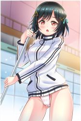 Rule 34 | 1girl, :o, asymmetrical bangs, bare legs, black hair, blurry, blurry background, blush, broom, dripping, fang, gym shirt, gym uniform, hair ornament, hairclip, highres, looking at viewer, love live!, love live! nijigasaki high school idol club, mifune shioriko, open mouth, orange eyes, panties, partially visible vulva, school swimsuit, shark yc, shirt, short hair, signature, solo, sweater, swimsuit, swimsuit under clothes, thighs, underwear, wall, wet, wet clothes, wet panties