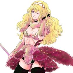 Rule 34 | 1girl, armor, blonde hair, breasts, cleavage, curly hair, fire emblem, fire emblem fates, garter straps, headband, holding, holding weapon, insarability, nintendo, one eye closed, pauldrons, purple eyes, shoulder armor, soleil (fire emblem), solo, thighhighs, weapon