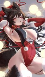 Rule 34 | animal ears, arm behind head, armpits, black hair, breast curtains, breasts, choker, cleavage, covered navel, elbow gloves, garter straps, gloves, hair between eyes, halterneck, highres, large breasts, long hair, lying, on back, original, plunging neckline, red choker, red gloves, ribbon choker, skin tight, tacco (tikeworld), tail, thighhighs, upper body, very long hair, wide hips