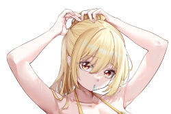 Rule 34 | 1girl, absurdres, arms up, bare arms, bare shoulders, blonde hair, character request, collarbone, commentary request, copyright request, eyeshadow, freeeeeeeeeee, hair tie in mouth, halterneck, head tilt, highres, long hair, looking at viewer, makeup, mouth hold, portrait, red eyes, simple background, solo, white background