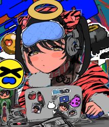 Rule 34 | + +, 1girl, animal ears, bell, black hair, bow, brown eyes, collar, computer, fake animal ears, hair bow, halo, headphones, jacket, laptop, long sleeves, looking at viewer, momae makku, neck bell, original, short twintails, solo, striped clothes, striped jacket, twintails