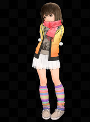 Rule 34 | 1girl, arms up, blush, brown eyes, brown footwear, brown hair, buttons, checkered background, closed mouth, clothes writing, colored stripes, full body, highres, jacket, leg warmers, long hair, long sleeves, looking to the side, matching hair/eyes, open clothes, open jacket, original, pink lips, pink scarf, pleated skirt, rustle, scarf, shoes, skirt, smile, solo, standing, striped, unbuttoned, white skirt, yellow jacket