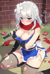 Rule 34 | 1girl, black bridal gauntlets, black footwear, black panties, blue eyes, blue kimono, blush, bow, braid, breasts, bridal gauntlets, cleavage, commentary request, embarrassed, green bow, grey hair, hair bow, highres, izayoi sakuya, japanese clothes, kanpa (campagne 9), kimono, large breasts, medium hair, panties, red scarf, scarf, solo, thighhighs, torn clothes, torn panties, torn scarf, torn thighhighs, touhou, translation request, twin braids, underwear