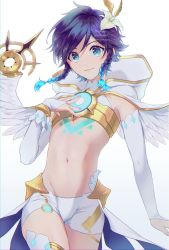 Rule 34 | 1boy, angel wings, black hair, blue eyes, blue hair, blush, braid, cecilia flower (genshin impact), commentary, english commentary, feathered wings, flower, genshin impact, glowing, glowing hair, gold trim, gradient hair, hair between eyes, hair flower, hair ornament, hand on own chest, highres, hood, hood down, looking at viewer, male focus, mapogeso, multicolored hair, navel, robe, simple background, smile, solo, stomach, thighs, trap, twin braids, venti (archon) (genshin impact), venti (genshin impact), white background, white flower, white wings, wings