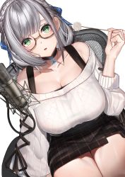 Rule 34 | 1girl, blue ribbon, braid, breasts, brown skirt, chair, choker, collarbone, french braid, glasses, green eyes, hair ribbon, highres, holding, hololive, large breasts, long sleeves, looking at viewer, lumium, medium hair, microphone, mimikaki, parted lips, plaid, plaid skirt, ribbon, shirogane noel, shirogane noel (casual), silver hair, sitting, skirt, solo, sweater, virtual youtuber, white background, white sweater