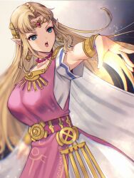 Rule 34 | 1girl, bead necklace, beads, belt, blonde hair, blue eyes, bracer, breasts, cape, circlet, collarbone, cowboy shot, dress, earrings, highres, jewelry, large breasts, long hair, necklace, nintendo, open mouth, outstretched arm, parted bangs, pointy ears, princess zelda, solo, super smash bros., tabard, the legend of zelda, the legend of zelda: a link between worlds, the legend of zelda: a link to the past, v-shaped eyebrows, very long hair, white cape, white dress, yamamori kinako
