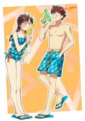Rule 34 | 1boy, 1girl, :t, blue eyes, blue one-piece swimsuit, blush, brown hair, casual one-piece swimsuit, couple, czech gana, eye contact, full body, grin, gun, holding, holding gun, holding weapon, kuroba kaito, leaning back, leaning forward, long hair, looking at another, magic kaito, nakamori aoko, one-piece swimsuit, orange ribbon, ribbon, smile, standing, standing on one leg, swimsuit, water gun, weapon