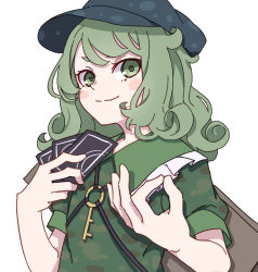 Rule 34 | 1girl, ability card (touhou), absurdres, backpack, bag, blue hat, blush stickers, camouflage, camouflage shirt, card, closed mouth, green eyes, green hair, green hat, green shirt, hat, highres, holding, holding card, kame (kamepan44231), key, medium hair, one-hour drawing challenge, shirt, short sleeves, simple background, solo, touhou, upper body, white background, yamashiro takane