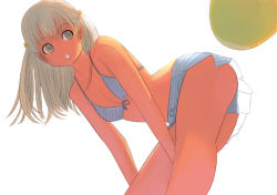 Rule 34 | 1girl, :o, ass, bent over, bikini, from below, front-tie top, grey eyes, grey hair, kiriman (souldeep), original, simple background, solo, striped bikini, striped clothes, swimsuit, tan, white background