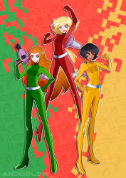Rule 34 | 3girls, absurdres, alex (totally spies), andorudw, animification, artist name, black hair, blonde hair, blue eyes, bodysuit, catsuit, clover (totally spies), commentary, english commentary, floating, green background, green bodysuit, green eyes, hand up, heart, high heels, highres, holding, holding weapon, jetpack, long hair, multiple girls, orange hair, red background, red bodysuit, sam (totally spies), short hair, smile, stiletto heels, teeth, totally spies, twitter username, upper teeth only, weapon, whoop catsuit, yellow background, yellow bodysuit, yellow eyes