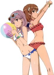 Rule 34 | 2girls, ass, ass-to-ass, ball, bikini, breasts, brown eyes, brown hair, butt crack, cleavage, dimples of venus, extraction, highres, holding, holding ball, looking at viewer, meigo arisa, misaka mikoto, multiple girls, navel, purple hair, small breasts, smile, swimsuit, toaru majutsu no index, transparent background, underboob, vector trace