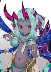 Rule 34 | 1girl, aqua hair, armlet, b.d, bare shoulders, blush, bracelet, breast curtains, breasts, claw pose, dark-skinned female, dark skin, eyeliner, fate/grand order, fate (series), highres, horns, ibuki douji (fate), ibuki douji (first ascension) (fate), jewelry, lamia, looking at viewer, magatama, makeup, monster girl, multicolored hair, navel, oni horns, open mouth, pink hair, pointy ears, red eyes, scarf, short hair, sidelocks, small breasts, solo