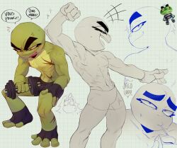 Rule 34 | 2boys, absurdres, bald, black male underwear, blush, bullfrog (captain laserhawk), captain laserhawk: a blood dragon remix, clenched hand, colored sclera, colored skin, cropped legs, cropped torso, drinking, exercising, fingerless gloves, flying sweatdrops, from side, gloves, green skin, grid background, highres, jacocoon, juice box, looking at viewer, looking down, male focus, male underwear, multicolored skin, multiple boys, muscular, muscular male, orange eyes, rayman, reference inset, scar, shine, standing, sweat, sweatdrop, thick eyebrows, toeless footwear, two-tone skin, underwear, weight, yellow sclera