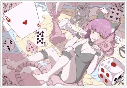 Rule 34 | 1girl, ace (playing card), ace of hearts, alice (black souls), animal ears, black leotard, black souls, card, cat ears, cat girl, cat tail, cheshire cat (black souls), chess piece, chxulozsx, collar, cube, curly hair, dice, eight of diamonds (playing card), grimm (black souls), heart, highres, king (chess), legs up, leotard, looking at viewer, lying, mini person, minigirl, on back, paw pose, pink hair, playing card, puppet, puzzle, sharp teeth, six of clubs, solo, striped tail, tail, teeth, ten of spades