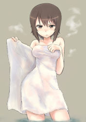 Rule 34 | 1girl, absurdres, belt, blush, breasts, brown belt, brown eyes, brown hair, closed mouth, commentary, contrapposto, ennui orz, girls und panzer, hand on own chest, highres, light frown, looking at viewer, medium breasts, naked towel, nishizumi maho, open towel, opened by self, short hair, simple background, solo, standing, steam, towel, wading, white towel