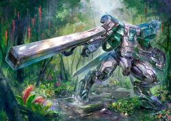 Rule 34 | character request, commentary request, forest, glowing, mecha, nature, no humans, official art, plant, river, robot, shoulder cannon, solo, titanostrider (mech), tree, weapon, yukishiro chifuyu, yuuki bakuhatsu bang bravern