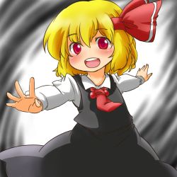 Rule 34 | 1girl, aa hito, aa nin, blonde hair, dress shirt, female focus, fingernails, foreshortening, gradient background, hair ribbon, long sleeves, necktie, no nose, open hand, open mouth, outstretched arms, red eyes, red necktie, ribbon, rumia, shirt, short hair, simple background, skirt, solo, teeth, tongue, touhou, vest