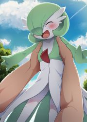 Rule 34 | 1boy, 1girl, ^ ^, arms up, backlighting, blue sky, blush, bob cut, carrying, child, closed eyes, cloud, collarbone, colored skin, creatures (company), dagashi (daga2626), day, flat chest, game freak, gardevoir, gen 3 pokemon, green hair, green skin, hair over one eye, happy, highres, multicolored skin, nintendo, one eye covered, open mouth, outdoors, outstretched arms, pokemon, pokemon (creature), pov, pov hands, short hair, sky, smile, solo focus, sweat, tree, two-tone skin, white skin