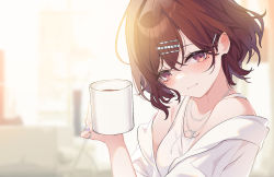 Rule 34 | 1girl, blurry, blurry background, blush, coffee mug, cup, depth of field, hair ornament, hairpin, head tilt, higuchi madoka, holding, holding cup, idolmaster, idolmaster shiny colors, jacket, jewelry, light smile, litsvn, looking at viewer, mole, mole under eye, mug, nail polish, necklace, red eyes, red hair, ring, solo, sunlight, tank top, upper body, white jacket, white tank top