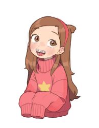 Rule 34 | 1girl, bracket, brown eyes, brown hair, gravity falls, hairband, highres, long hair, mabel pines, open mouth, opossumachine, red hairband, red sweater, sleeves past fingers, sleeves past wrists, smile, star (symbol), sweater