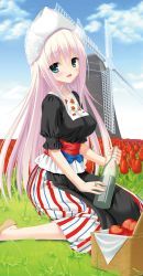 Rule 34 | 1girl, :d, apple, black shirt, blue eyes, blue sky, blush, bottle, breasts, cloud, day, flower, food, fruit, hair between eyes, hat, hidan no aria, highres, holding, holding bottle, kobuichi, light purple hair, lisa ave du ank, long hair, long skirt, looking at viewer, medium breasts, novel illustration, official art, open mouth, outdoors, red apple, red flower, red tulip, ribbon, shirt, short sleeves, sitting, skirt, sky, smile, solo, striped clothes, striped skirt, tulip, vertical-striped clothes, vertical-striped skirt, very long hair, wariza, white hat, white ribbon, windmill