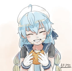 Rule 34 | 1girl, ahoge, aqua eyes, commentary request, dated, closed eyes, food, food on face, fuwafuwatoufu, gloves, grin, hair between eyes, hat, kantai collection, low twintails, one-hour drawing challenge, sado (kancolle), sailor hat, school uniform, serafuku, smile, solo, twintails, twitter username, upper body, white gloves