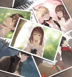 Rule 34 | 3girls, 4boys, autumn, black hair, blue eyes, blush, brown hair, can, closed eyes, grass, instrument, jewelry, lamppost, li zeyan, love and producer, lying, multiple boys, multiple girls, musu0626, necklace, on back, photo (object), piano, protagonist (love and producer), red scarf, scarf, shirt, spring (season), summer, white shirt, xu mo, zhou quiluo