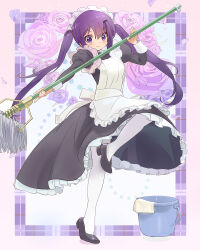 Rule 34 | 1girl, alternate costume, black footwear, bucket, commentary request, enmaided, floral background, frills, full body, gochuumon wa usagi desu ka?, hair between eyes, hair ornament, hairclip, highres, holding, holding mop, juliet sleeves, kyarahiba, long hair, long sleeves, looking at viewer, maid, mop, pantyhose, puffy sleeves, purple eyes, purple hair, shoes, smile, solo, standing, standing on one leg, tedeza rize, twintails, white pantyhose