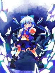 Rule 34 | circled 9, 1girl, absurdres, alternate costume, blue eyes, blue hair, boots, bow, cirno, gojuuroku, hair bow, highres, isoroku (gojuuroku), matching hair/eyes, short hair, solo, embodiment of scarlet devil, touhou, wings