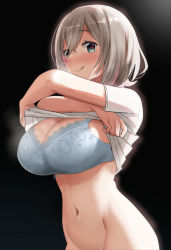 Rule 34 | 1girl, absurdres, aumann, black background, blue bra, blush, bra, breasts, cleavage, closed mouth, clothes lift, green eyes, grey hair, hair between eyes, heart, heart in eye, highres, large breasts, licking lips, looking at viewer, navel, original, shirt, shirt lift, short hair, short sleeves, solo, symbol in eye, tongue, tongue out, underwear, undressing, upper body, white shirt