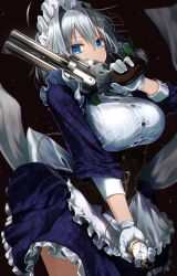 Rule 34 | alternate costume, apron, black background, blue dress, blue eyes, bow, braid, breasts, colored eyelashes, covered mouth, cowboy shot, devil may cry (series), devil may cry 5, dress, gloves, green bow, greenkohgen, gun, hair between eyes, hair bow, hair intakes, handgun, highres, holding, holding weapon, izayoi sakuya, large breasts, long sleeves, looking at viewer, maid, maid apron, maid headdress, medium hair, pocket watch, revolver, silver hair, simple background, solo, touhou, trigger discipline, twin braids, watch, weapon, white gloves