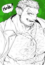 Rule 34 | 1boy, abs, bara, character request, chest hair, dog tags, facial hair, green theme, head tilt, highres, jacket, large pectorals, looking at viewer, male focus, monochrome, muscular, muscular male, open clothes, open jacket, panther boy, panther ears, pectoral focus, pectorals, short hair, solo, stubble, thick eyebrows, tokyo houkago summoners, upper body, zabaniyan