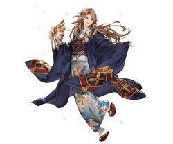 Rule 34 | 10s, 1girl, brown eyes, brown hair, hand fan, floral print, folding fan, full body, granblue fantasy, hair ornament, japanese clothes, katalina (granblue fantasy), kimono, long hair, looking at viewer, matching hair/eyes, minaba hideo, obi, official art, open mouth, petals, sandals, sash, smile, solo, tabi, transparent background, wide sleeves