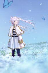 Rule 34 | 1girl, black pantyhose, blue butterfly, blue flower, blue sky, bug, butterfly, capelet, closed mouth, commentary request, day, dress, earrings, elf, falling petals, floating hair, flower, frieren, green eyes, highres, insect, jewelry, long hair, long sleeves, meadow, omichi 1219, outdoors, pantyhose, petals, pointy ears, sky, solo, sousou no frieren, thick eyebrows, twintails, white capelet, white dress, white hair