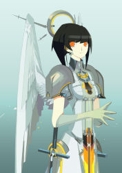 Rule 34 | angel wings, aqua background, armor, black hair, breasts, cowboy shot, feathered wings, gloves, gradient background, green gloves, halo, medium breasts, miki 0, original, own hands together, pauldrons, red eyes, short hair, shoulder armor, upper body, wings