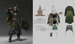 Rule 34 | arm up, armor, armored boots, boots, cape, character sheet, chinese armor, chinese empire, coif, english text, eyepatch, facial hair, full body, gauntlets, green cape, green sash, han dynasty, helmet, highres, holding, holding polearm, holding weapon, leather armor, looking at viewer, lulu zhang, mustache, over shoulder, polearm, romance of the three kingdoms, sash, shoulder armor, standing, total war: three kingdoms, weapon, weapon over shoulder, xiahou dun