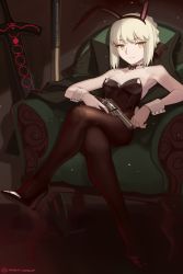 Rule 34 | 1girl, absurdres, alternate costume, animal ears, artoria pendragon (all), artoria pendragon (fate), bare shoulders, black ribbon, boa (brianoa), braid, breasts, chair, detached collar, excalibur morgan (fate), fate/stay night, fate (series), french braid, gun, handgun, high heels, highres, jacket, unworn jacket, crossed legs, leotard, looking at viewer, pantyhose, playboy bunny, rabbit ears, revolver, ribbon, saber alter, small breasts, solo, sword, twitter username, type-moon, weapon, wrist cuffs, yellow eyes