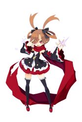 Rule 34 | 1girl, antenna hair, asymmetrical bangs, brown hair, dark persona, demon girl, detached sleeves, disgaea, disgaea rpg, full body, hair over one eye, hair rings, harada takehito, jewelry, looking at viewer, multiple rings, official art, open mouth, pointy ears, red eyes, red footwear, ring, scarf, shoes, sicily (disgaea), sicily xeno (disgaea), skirt, smile, solo, thighhighs, transparent background, twintails, wide sleeves