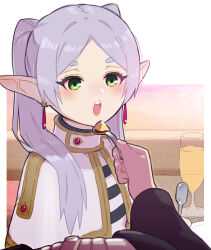 Rule 34 | 1girl, :o, black jacket, black pantyhose, blush, boots, breasts, brown footwear, capelet, commentary request, cup, drink, drinking glass, earrings, elf, feeding, female pov, fern, fern (sousou no frieren), flat chest, food, frieren, green eyes, grey hair, hair over shoulder, highres, holding, holding spoon, jacket, jewelry, knee boots, large breasts, long hair, long sleeves, outside border, pantyhose, parted bangs, picogames off, plate, pointy ears, pov, pov hands, pudding, shirt, solo focus, sousou no frieren, spoon, striped clothes, striped shirt, twintails, upper body, white capelet