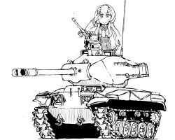 Rule 34 | blunt bangs, greyscale, gun, headgear, helena (kancolle), kantai collection, long hair, looking at viewer, m41 walker bulldog, military uniform, military vehicle, monochrome, motor vehicle, neck ribbon, pleated skirt, ribbon, riding, salute, skirt, tank, task (s task80), uniform, weapon, weapon request