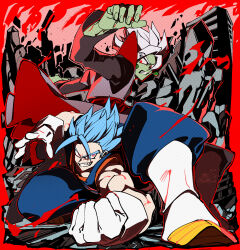 Rule 34 | 2boys, boots, building, clenched hand, colored skin, dougi, dragon ball, dragon ball super, earrings, gloves, green skin, grin, halftone, highres, jewelry, long sleeves, male focus, multiple boys, muscular, muscular male, pointy ears, potara earrings, red background, red eyes, rock, sakaikurinea, signature, skyscraper, smile, spiked hair, super saiyan, super saiyan blue, thick eyebrows, vegetto, white gloves, zamasu