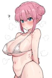 Rule 34 | 1girl, arms behind back, bikini, blue eyes, blush, bocchi the rock!, breasts, breath, covered erect nipples, curvy, double bun, gotoh hitori, hair bun, highres, kobinbin, large breasts, navel, parted lips, pink hair, simple background, solo, steaming body, stomach, strap gap, sweat, swimsuit, thong, thong bikini, white background, white bikini, wide hips